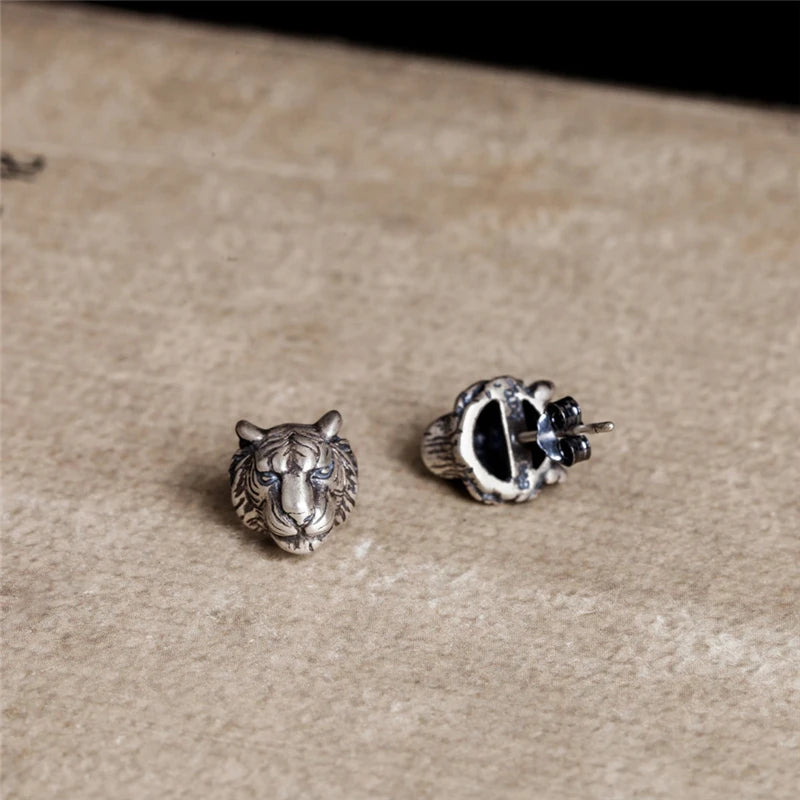 MKENDN 925 Sterling Silver Creative Retro Tiger Head Stud Earring Trendy Animal Punk Style Ear Pin for Men Women Fine Jewelry