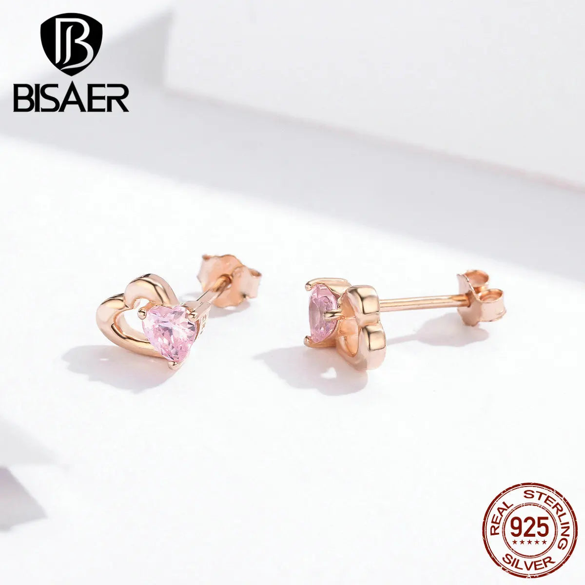 Heart Earrings BISAER 925 Sterling Silver Romantic Love Heart Small Stud Earrings For Women Pink Zircon Wedding Jewelry ECE090