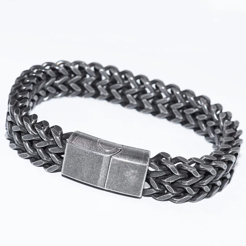 Men's Vintage Black Double Layer Stainless Steel Punk Wristband Chain Bracelets Domineering Rock Party Biker Jewelry