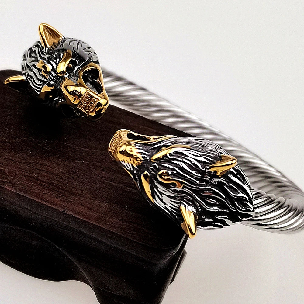 Men's Stainless Steel Viking Wolf Bracelet Mix Gold Color Wolf Punk Bangle Biker Jewelry