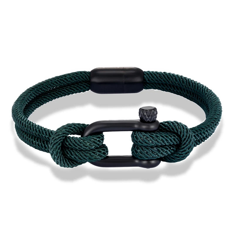 MKENDN Men Nautical Double Strand U Shape Shackle Survival Emergency Rope Bracelet With Black Stainless Steel Magnet Buckle