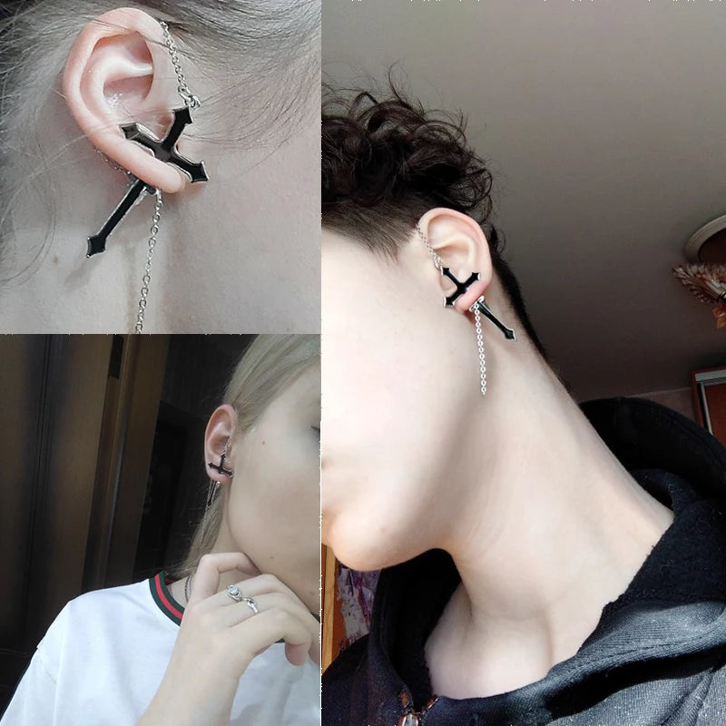 Madeinsea 2pcs Vintage Black Cross Earrings Punk Goth Long Chain Harajuku Streetwear unisex Stud Earrings for Women Men Korean Jewelry