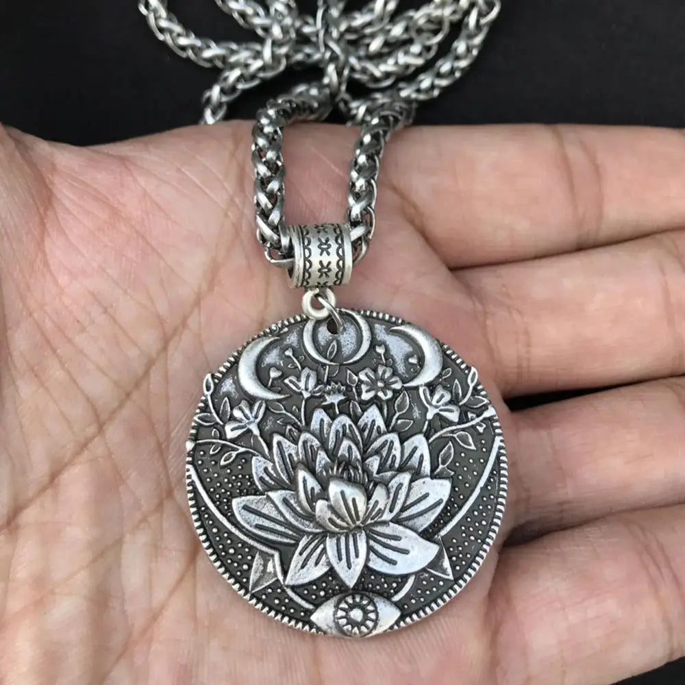 Solar celestial pendant Sun Moon Star mandala Lotus flower ladies necklace amulet geometric religious viking Wicca Witchcraf