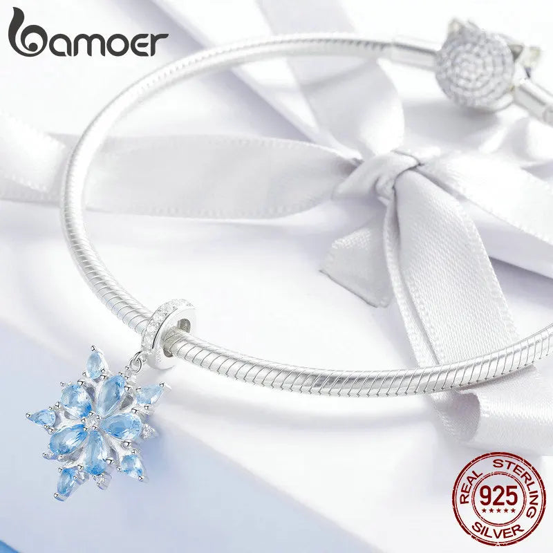 Sterling Silver Round Beads Snowflake Charms Pendant Fit Women Bracelet or Necklace Fine Jewelry Christmas Gift - Madeinsea©