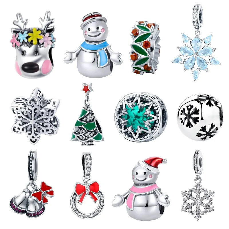 BISAER 925 Sterling Silver Christmas Charms Snowflakes Snowman Christmas Tree Beads Fit Beads For Silver 925 Jewelry Making