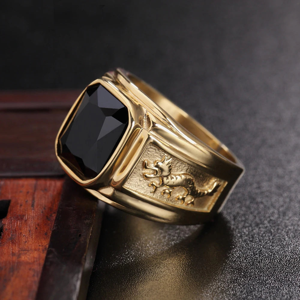 Creative Design Square Black Red Stone Men's Ring Punk Retro Gold Color Double Dragon Stainless Steel Rings Amulet Jewelry Gift