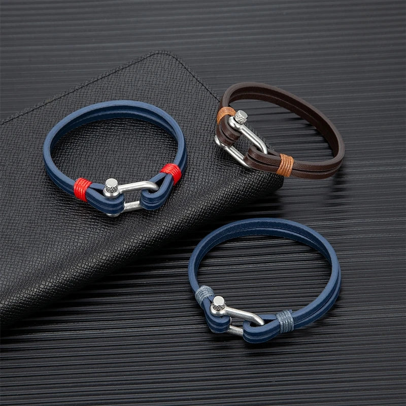 MKENDN Men's Leather Bracelet Nautical Double Strand Stainless Steel U shape Clasp Bracelets & Bangle For Women Sport Jewelry