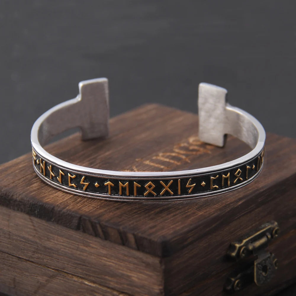 1pc Stainless Steel Men's Handmade Nordic Rune Bangle Viking Never Fade with wooden box as gift