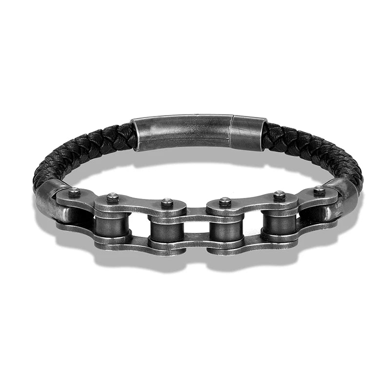 MKENDN Vintage Oxidized Black Stainless Steel Men Bracelet Cycling Bicycle Chain Link Men's Bracelets & Bangles Leather Jewelry