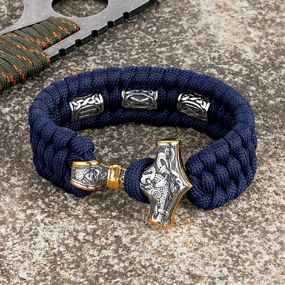 MKENDN Thor's Hammer Viking Bracelet Mjolnir Scandinavian Runes Amulet Beads Survival Bracelets Men Women Handmade Amulet  Jewel