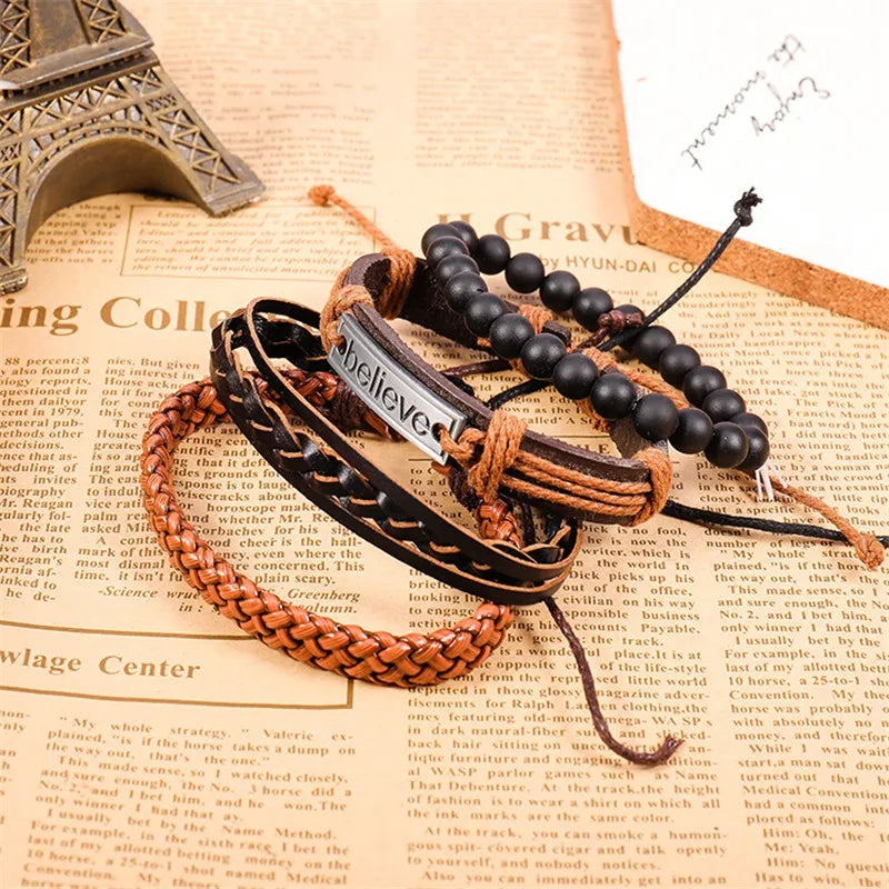 Mix 3/4Pcs/ Set Bracelets & Bangles Mens Leather Bracelets 2019 Vintage Wooden Beads Ethnic Tribal Wristbands Bracelet Evil Eye