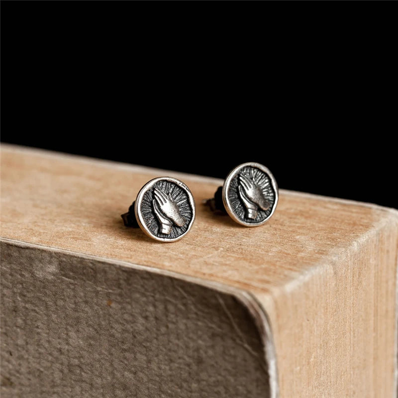 MKENDN Real 925 Sterling Silver Creative Retro Devout Hands Stud Earrings For Men Women Religious Belief Jewelry Gifts