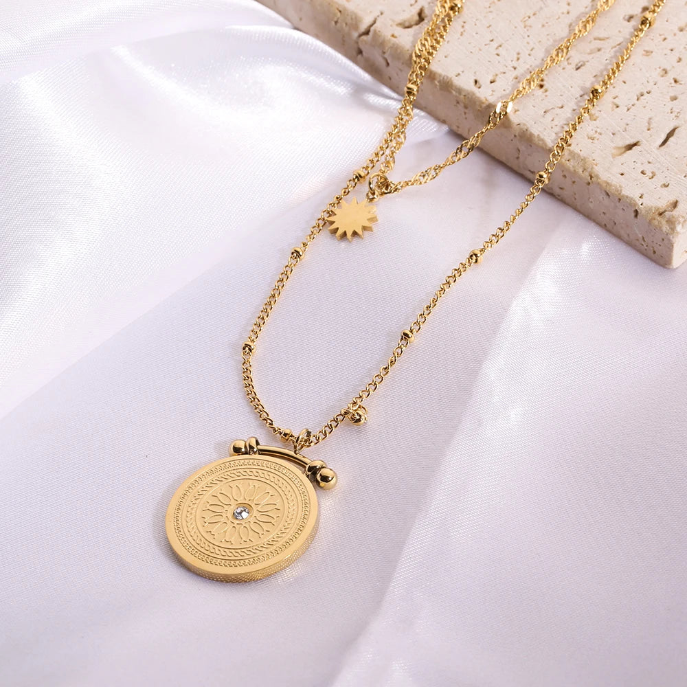 New Trendy Stainless Steel Double-layer Round Bran Star Pendant Necklace for Women 18K Gold Plated Texture Charms Jewelry Gift