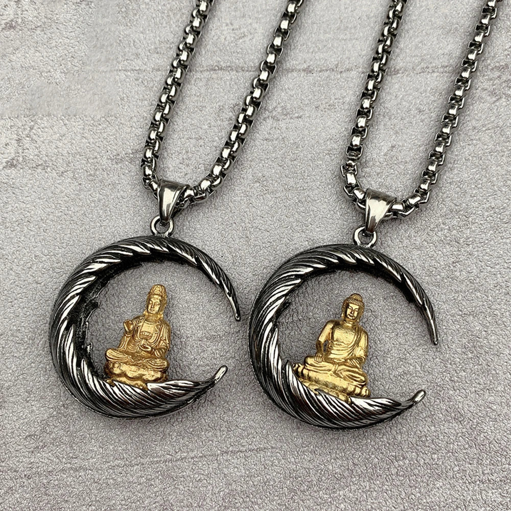 Meditation Feather Buddha Necklace Pendant Men Stainless Steel Tathagata Avalokitesvara Pendant Buddhist Amulet Jewelry