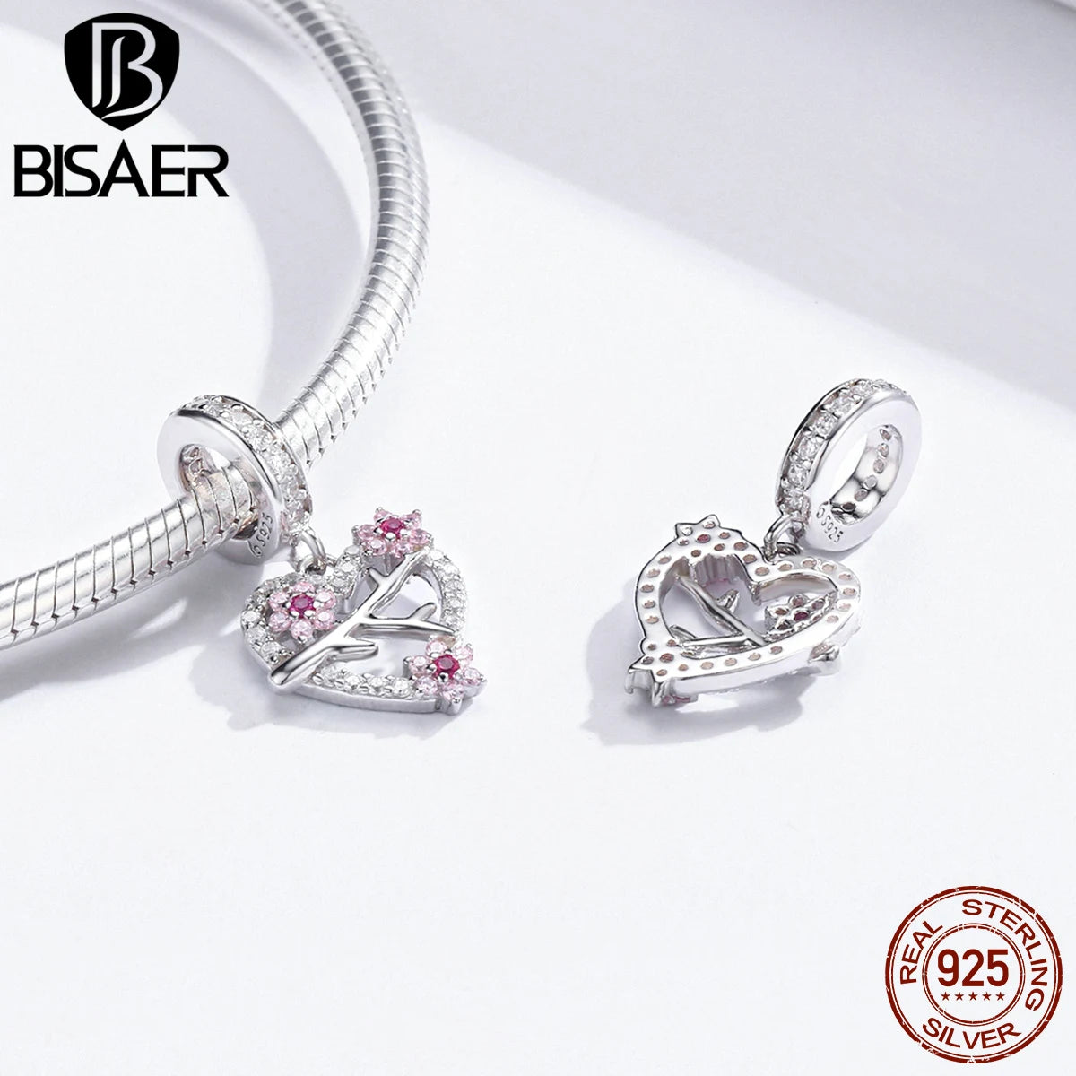 BISAER Christmas Gift 100% 925 Sterling Silver Plum Blossom Beads Flower Pink Zircon Charm Fit Bracelet DIY Jewelry Making