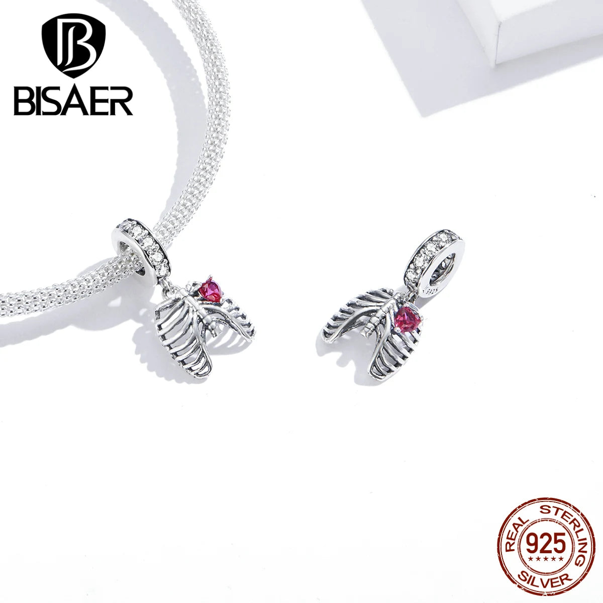 BISAER 925 Sterling Silber Liebeseid der Rippen Baumeln Anhänger Liebesskelett Charms Plata De Ley Sterling Silber Schmuck ECC1459