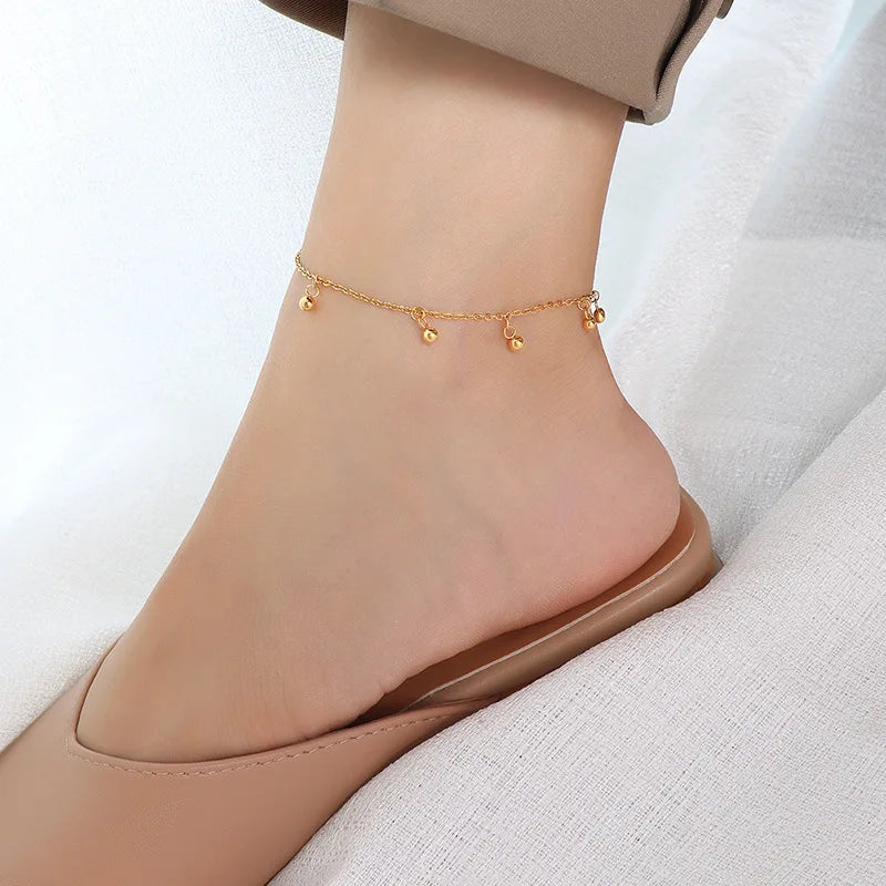 INS Simple Fashion Round Beads Charm Stainless Steel 18K Gold Plated Anklet for Women Beach Foot Waterproof Accessories