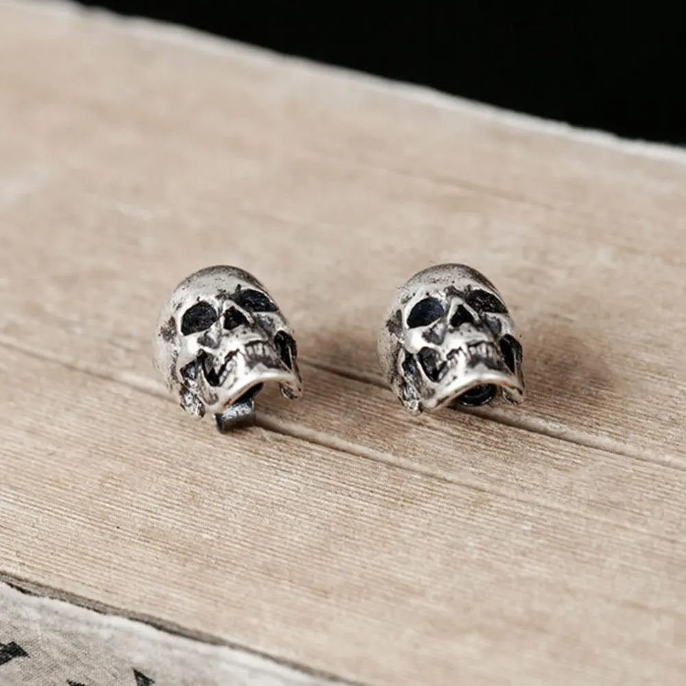 100% 925 Sterling Silver Creative Retro Skull Stud Earring Trendy Street Punk Style Ear Pin for Men Women Fine Jewelry