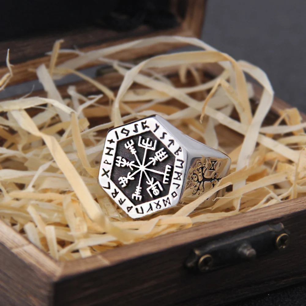 Stainless Steel Viking Compass Runic Nordic Ring