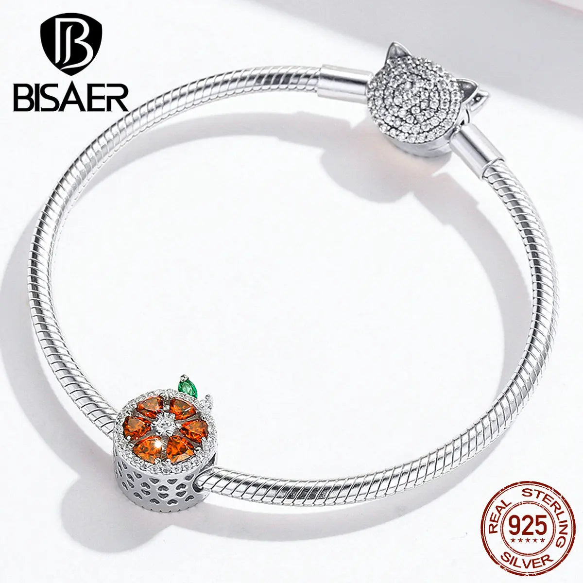 Fruit Charms BISAER 925 Stelring Silver Summer Fruity Grapefruit Beads Red Zircon Charms Fit Bracelets Diy Making ECC1277