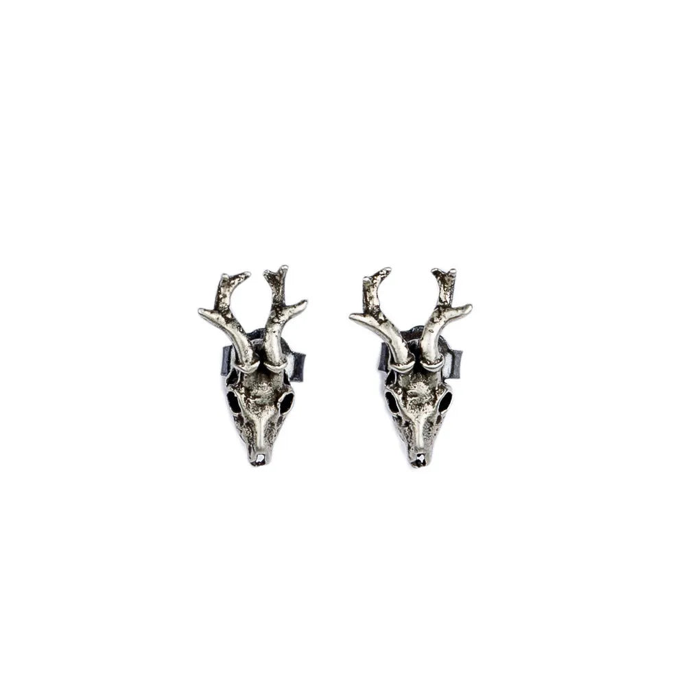 MKENDN 100% 925 Sterling Silver Creative Retro Deer Head Skull Stud Earring Punk Street Style Ear Pin for Men Women Fine Jewelry