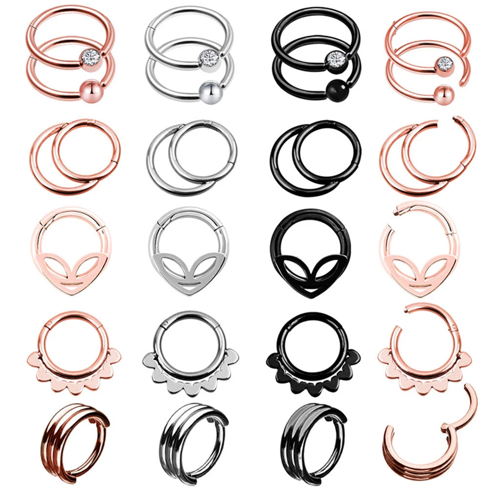 Mixed Style Double Layers Steel Clicker Segment Nose Hoop Rings Hinged Ear Helix Septum Piercing Unisex Body Jewelry Nostril Man