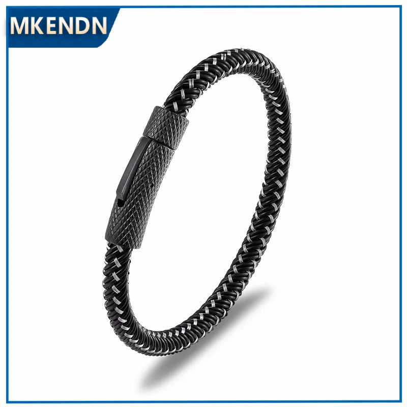 MKENDN New Men Braided Leather Bracelet Simple Black Stainless Steel Button Neutral Accessories Magnetic Clasp Fashion Bangles