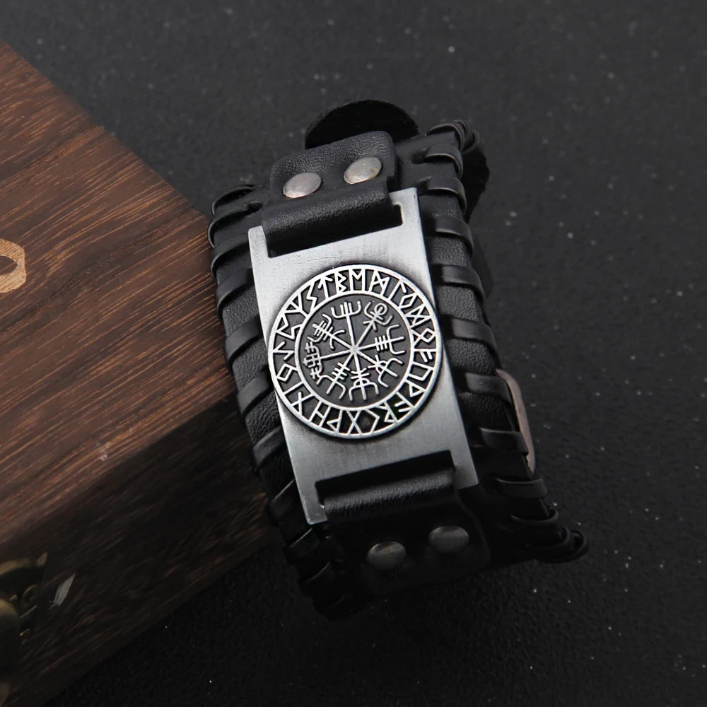 Charm Wide Leather Bracelet Men Punk Braided Rope Alloy Cuff Bangle Male Wristband Viking Bracelet Mens Jewelry with wood box