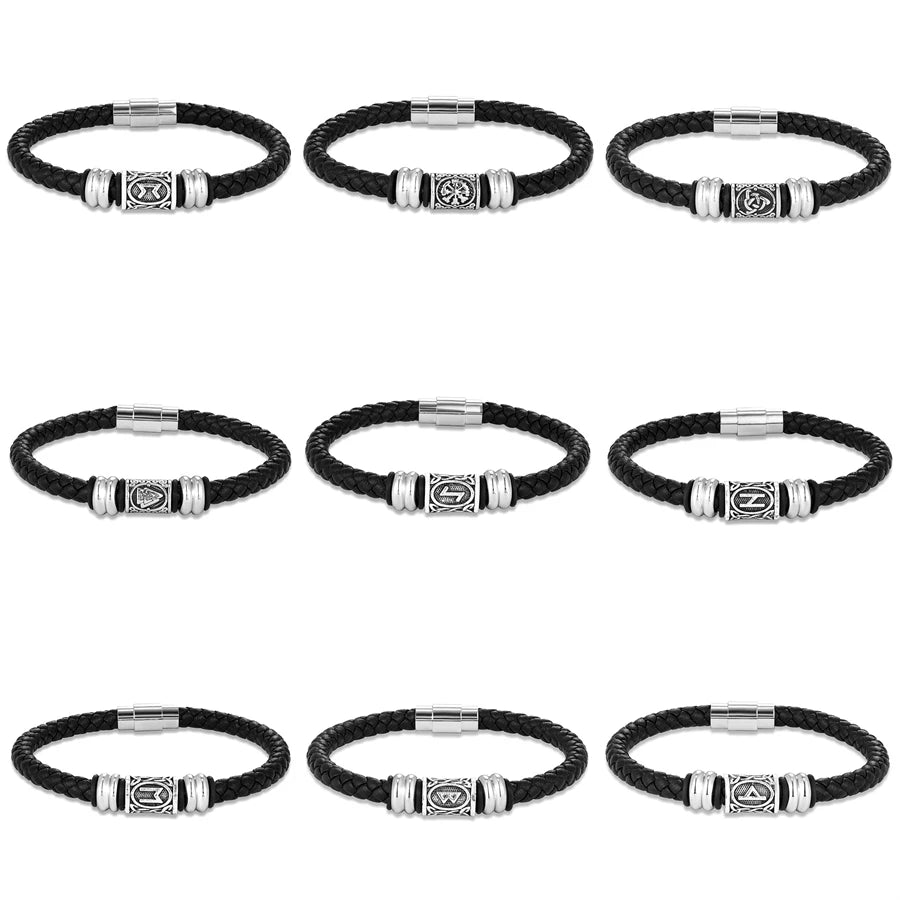 MKENDN Men Women Genuine Leather Bracelet Stainless Steel Norse Viking Rune Beads Amulet Wristband Norse Mythology Jewelry