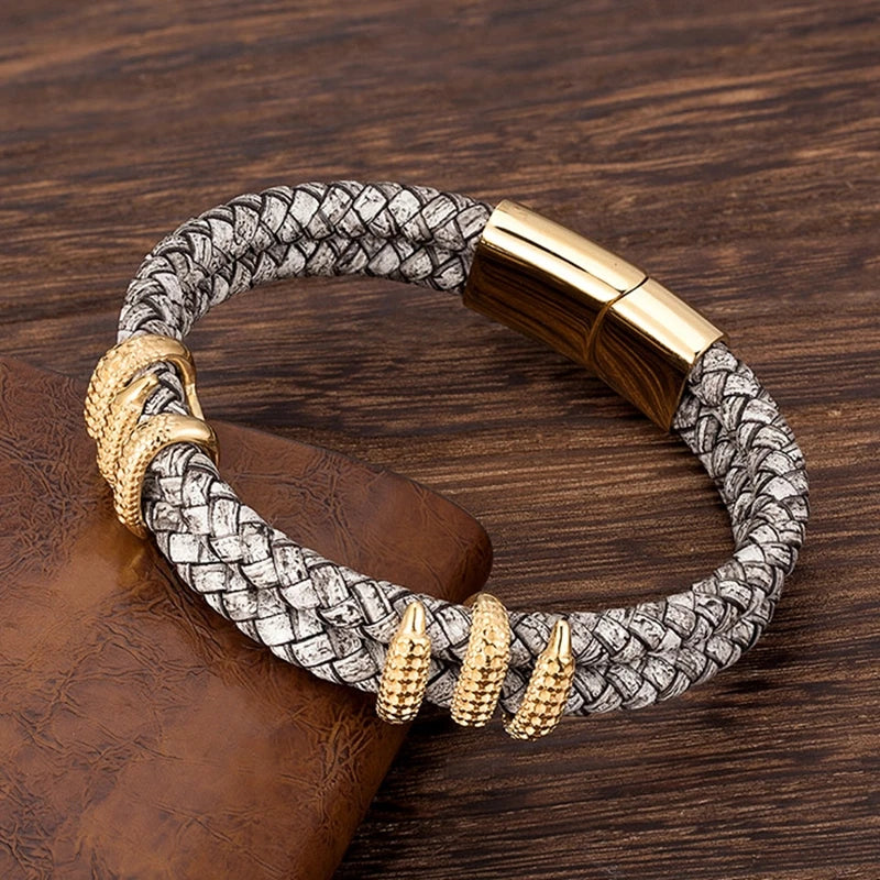 MKENDN Gothic Men Vintage Gray Braided Genuine Leather Bracelet Dragon Claw Homme Femme Bracelets Handmade Jewelry Pulseras