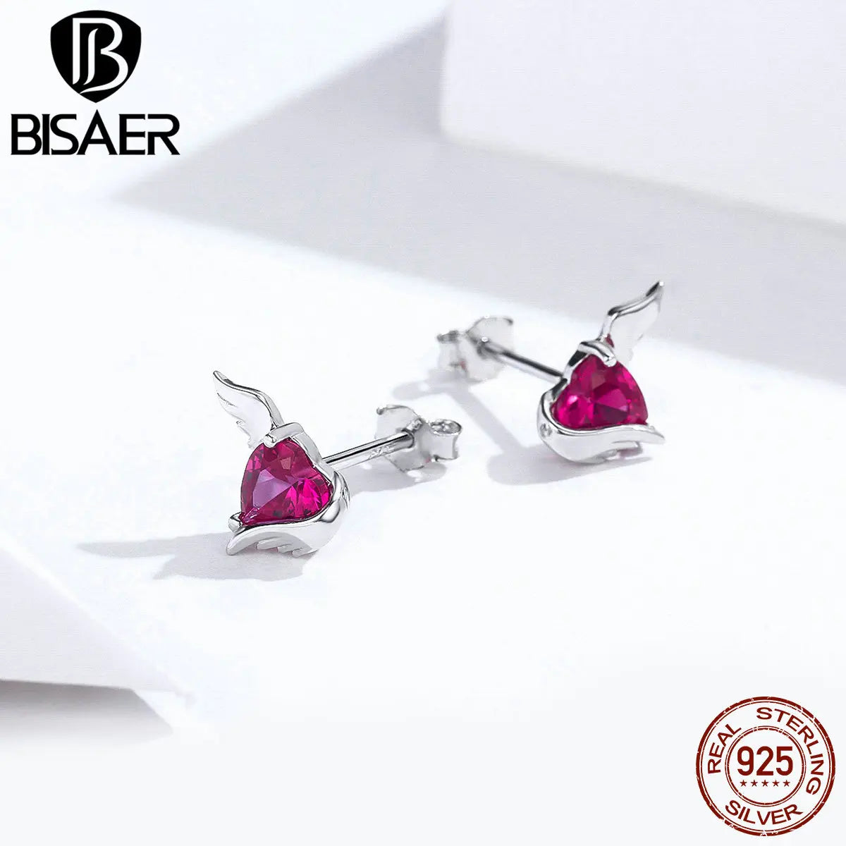 Valentine Gift BISAER 925 Sterling Silver Guardian Angel Heart Small Stud Earrings Stud For Women Luxury Silver Jewelry ECE690