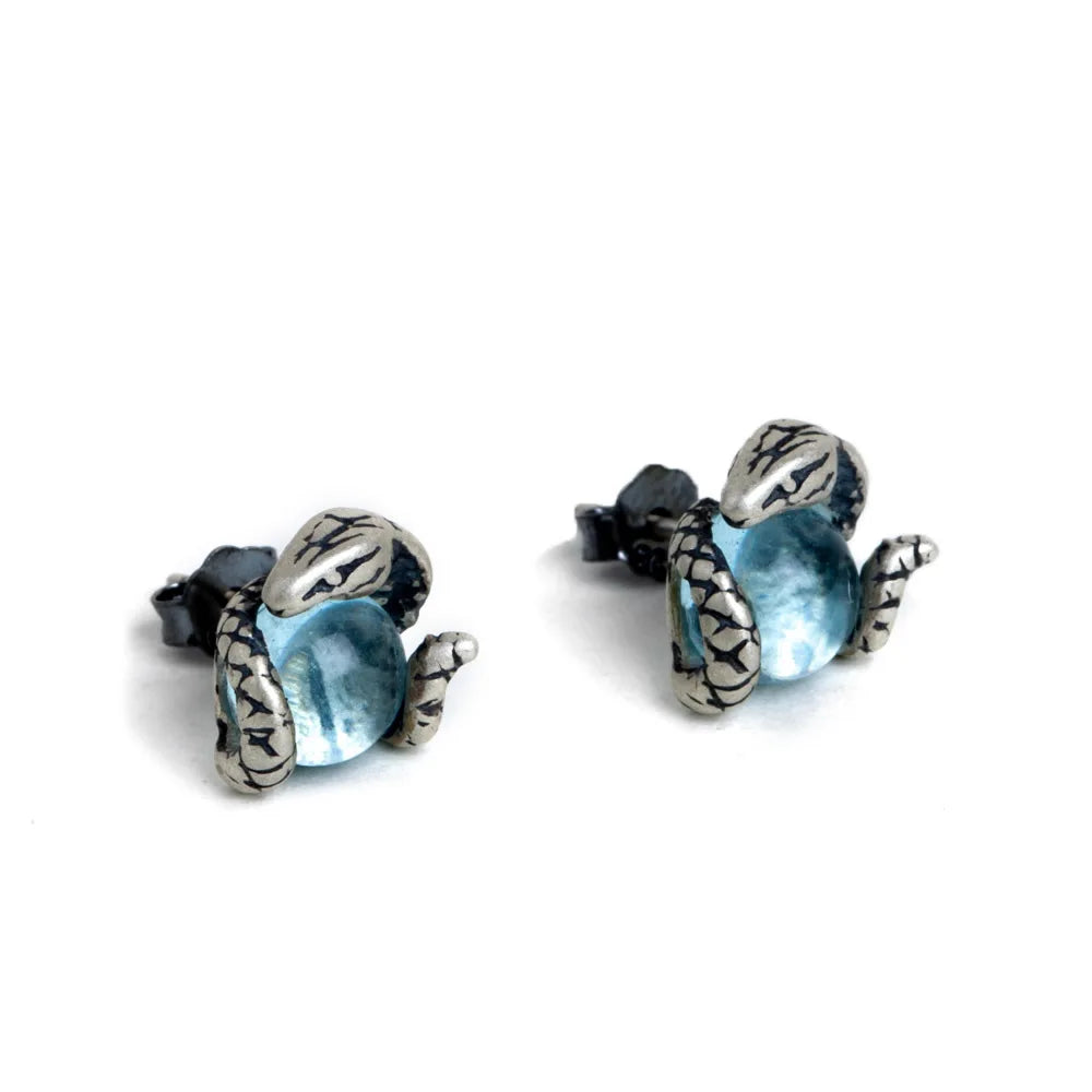 MKENDN New 100% 925 Sterling Silver Earrings Men Women Vintage Snake Stud Earrings With Light blue Stone Personality Jewelry