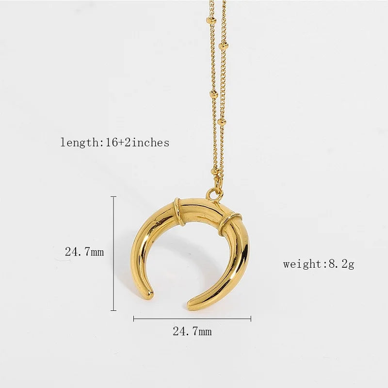 INS 18k Gold Plated Waterproof Stainless Steel Inspired Moon Horn Pendant Necklace for Women Girl Fashion Jewelry Gift