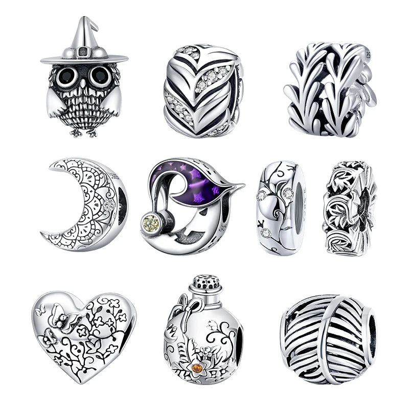 bamoer Genuine 925 Sterling Silver Halloween Owl Original CZ silver Charm for Brand Female DIY Bracelet Jewelry make SCC1616