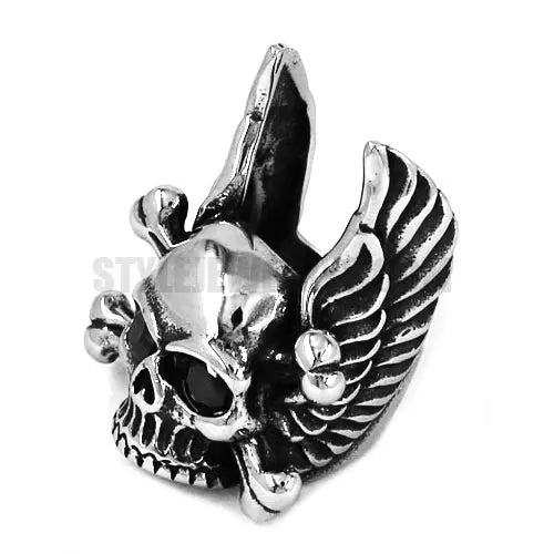 Wings Cross Bones Skull Ring Stainless Steel Jewelry Vintage Gothic Black CZ Eyes Skull Biker Ring for Men Wholesale SWR0451A