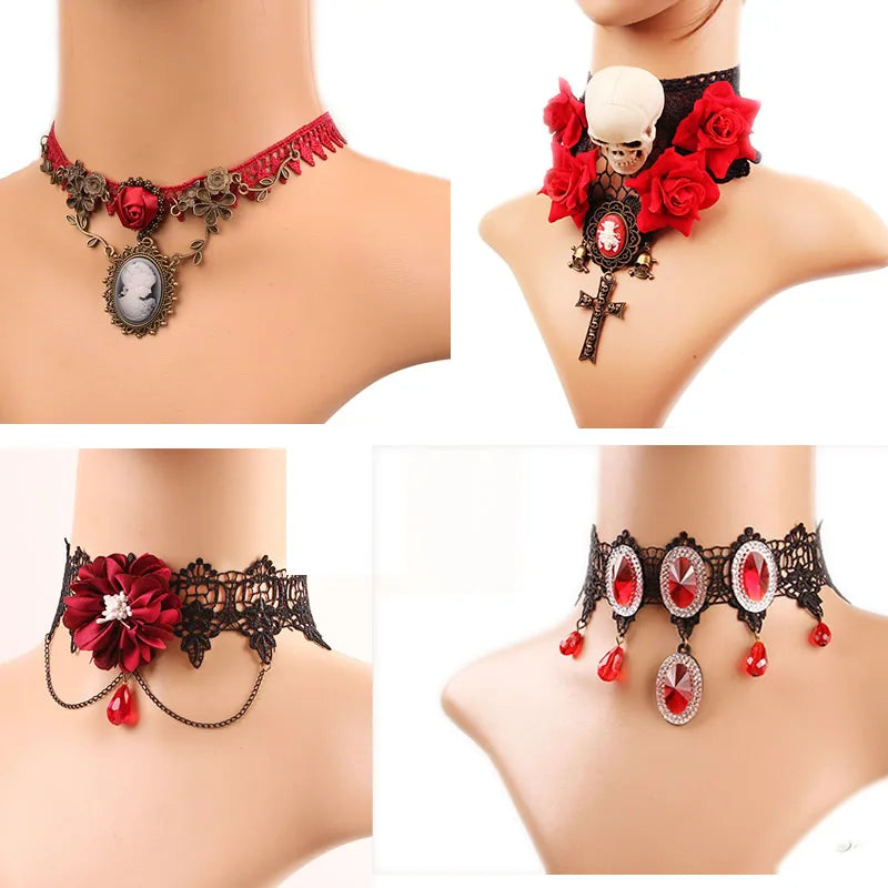 2023 Gothic Schmuck Rote Fledermaus Halloween Halskette Spitzen Choker Halskette für Frauen Nightmare Before Christmas Schwarze Lagenhalskette