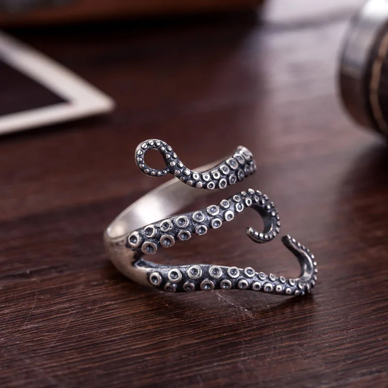 MKENDN Vintage Unique 925 Sterling Silver Cool Octopus Claw Tentacles  Ring For Men and Women Gothic Street Rock Punk Jewelry