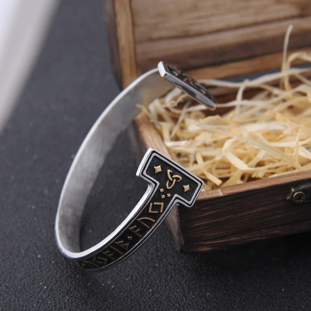 1pc Stainless Steel Men's Handmade Nordic Rune Bangle Viking Never Fade with wooden box as gift