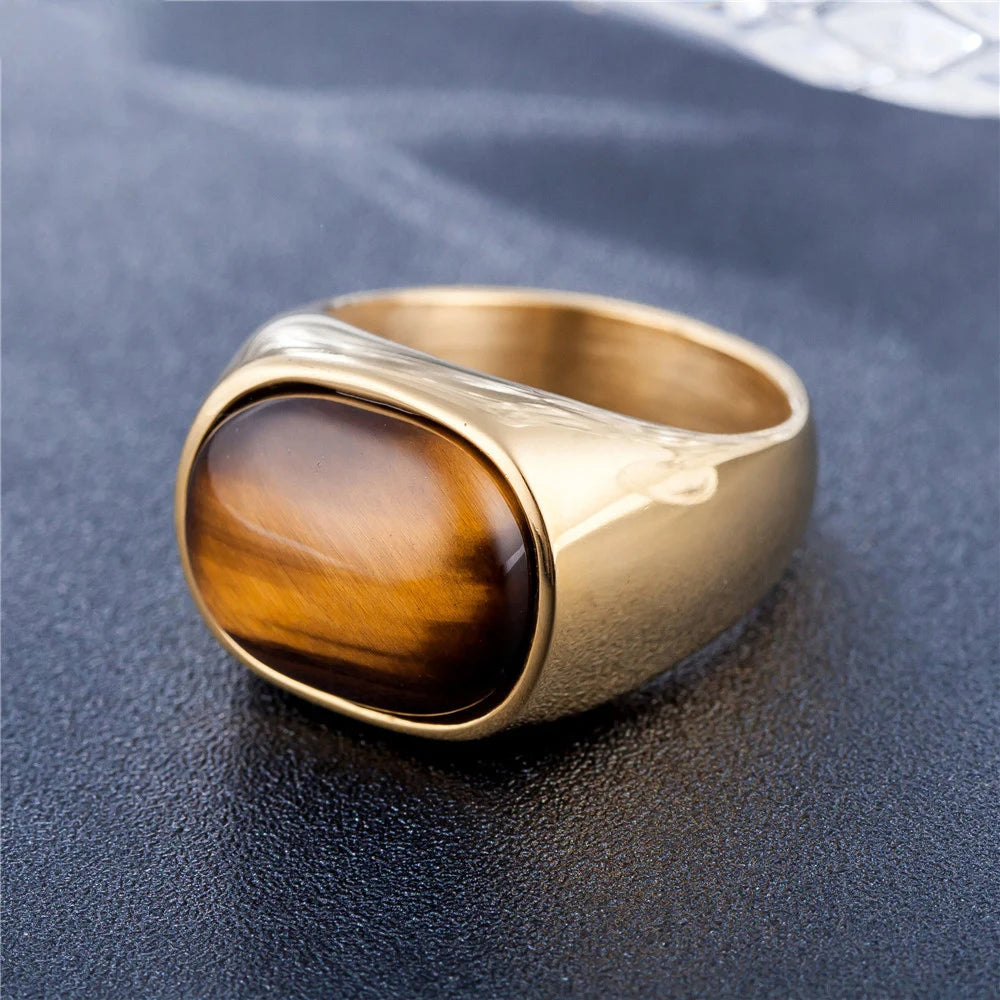 Gold/steel Color Retro Tiger Eye Brown Stones Rings For Men Women Classic Elegant Simple Stainless Steel Stone Ring Jewelry Gift