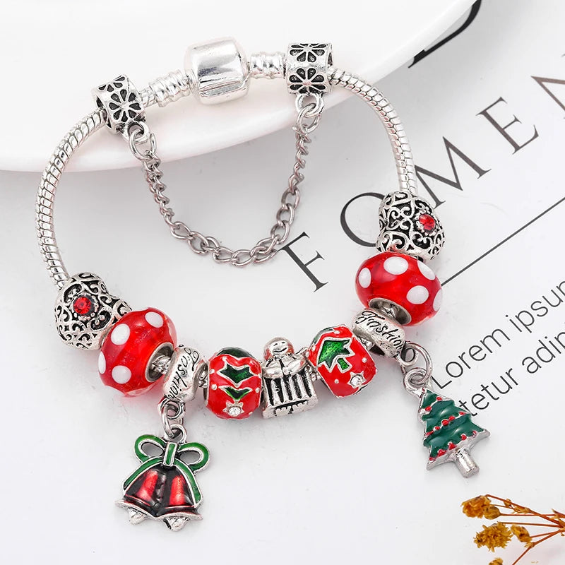 Christmas Tree & Bell Pendant Charm Bracelet Silver Color Bracelet For Women Kids DIY Handmade Xmas Jewelry Gift