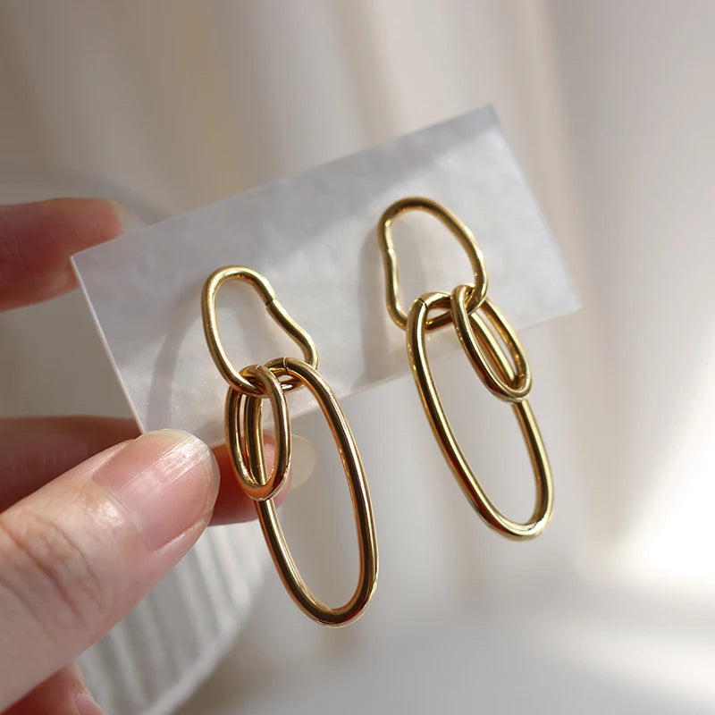 2021 Summer Titanium Steel PVD Gold Plated Irregular Circle Metal Ring Stud Earrings For Women Girls Waterproof