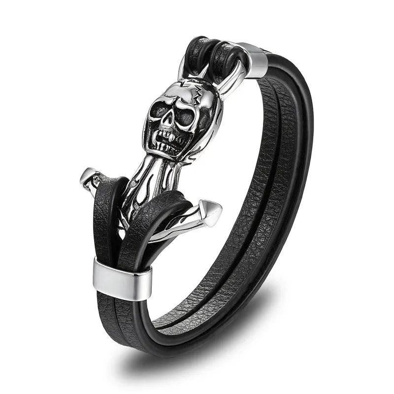 MKENDN Wholesale Punk Multi-layer Stainless Steel Genuine Leather Anchor Skull Bracelet Men Casual Pulseira