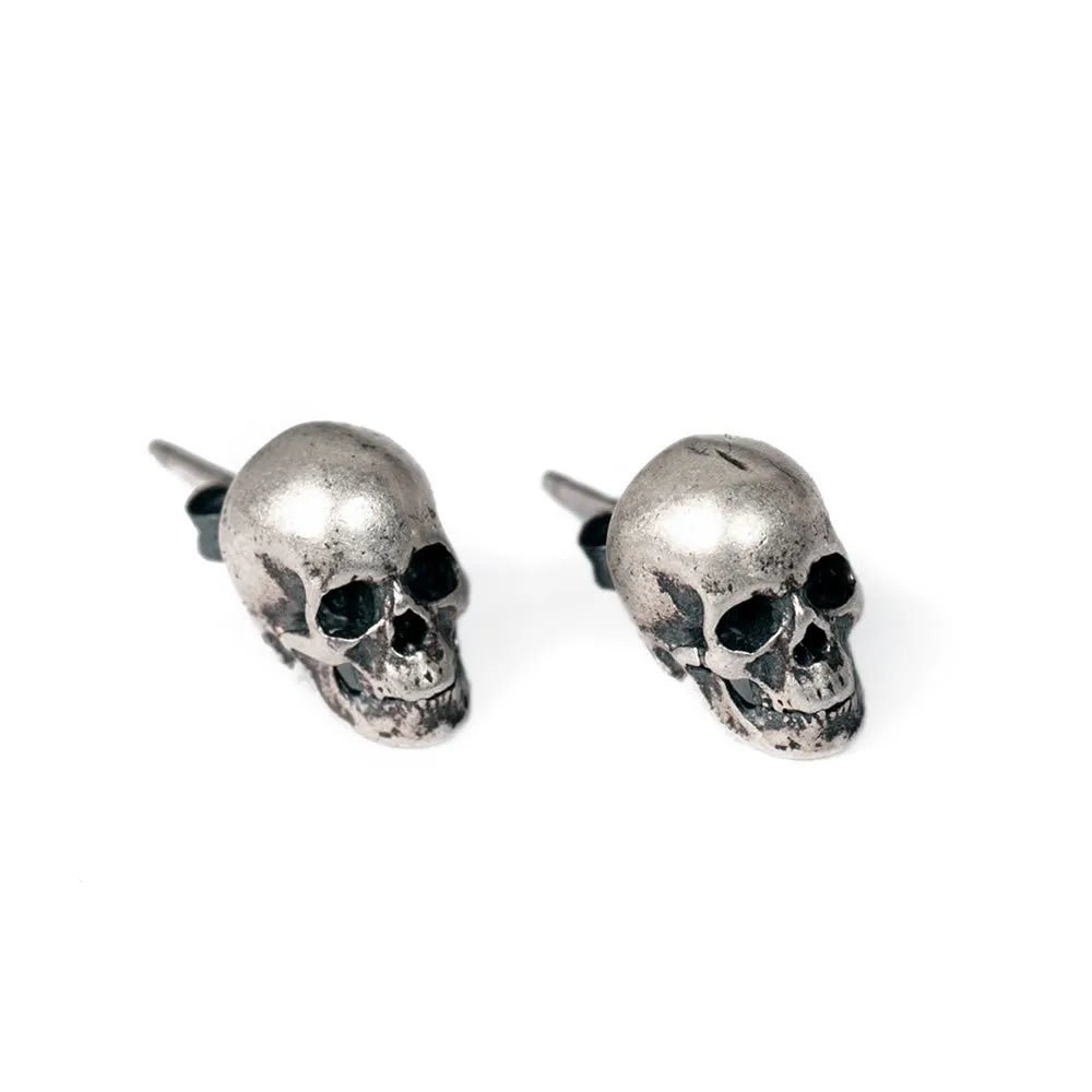 100% 925 Sterling Silver Creative Retro Skull Stud Earring Trendy Street Punk Style Ear Pin for Men Women Fine Jewelry