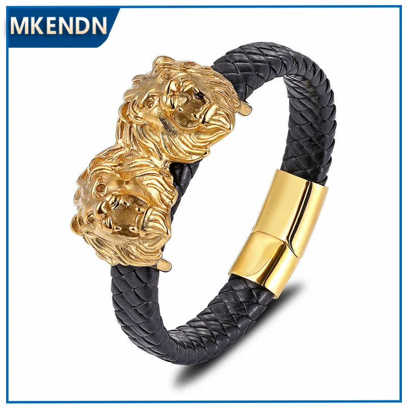 MKENDN Punk Rock Stainless Steel Double Lion Genuine Leather Bracelet Men Women Charm Bracelets Bangles Luxury Jewelry Pulseras