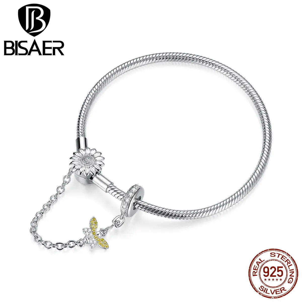 BISAER 925 Sterling Silver Daisy Flower Bee Safety Chain Snake Bracelet Plated White Gold Bracelet Fine Jewelry Accessories