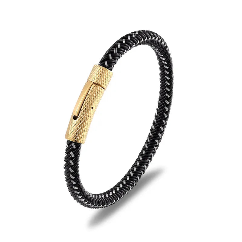 MKENDN New Men Braided Leather Bracelet Simple Black Stainless Steel Button Neutral Accessories Magnetic Clasp Fashion Bangles