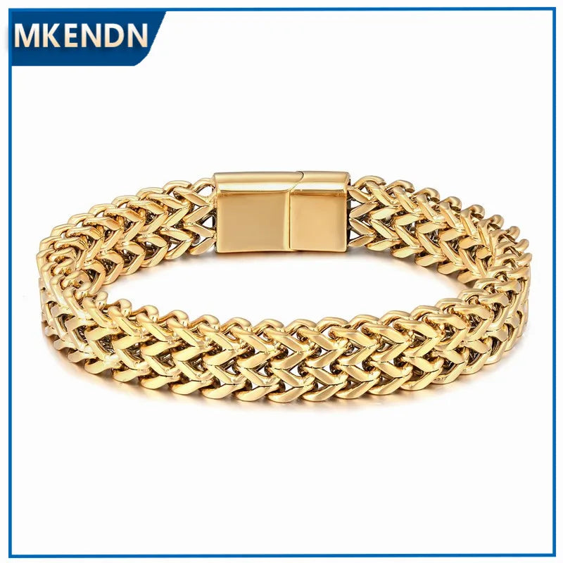 MKENDN Wide Cuban Link Chain Bracelet Men 18k Plated Stainless Steel Mens Bracelets & Bangles Hip Hop Biker Hand Chain Bracelet