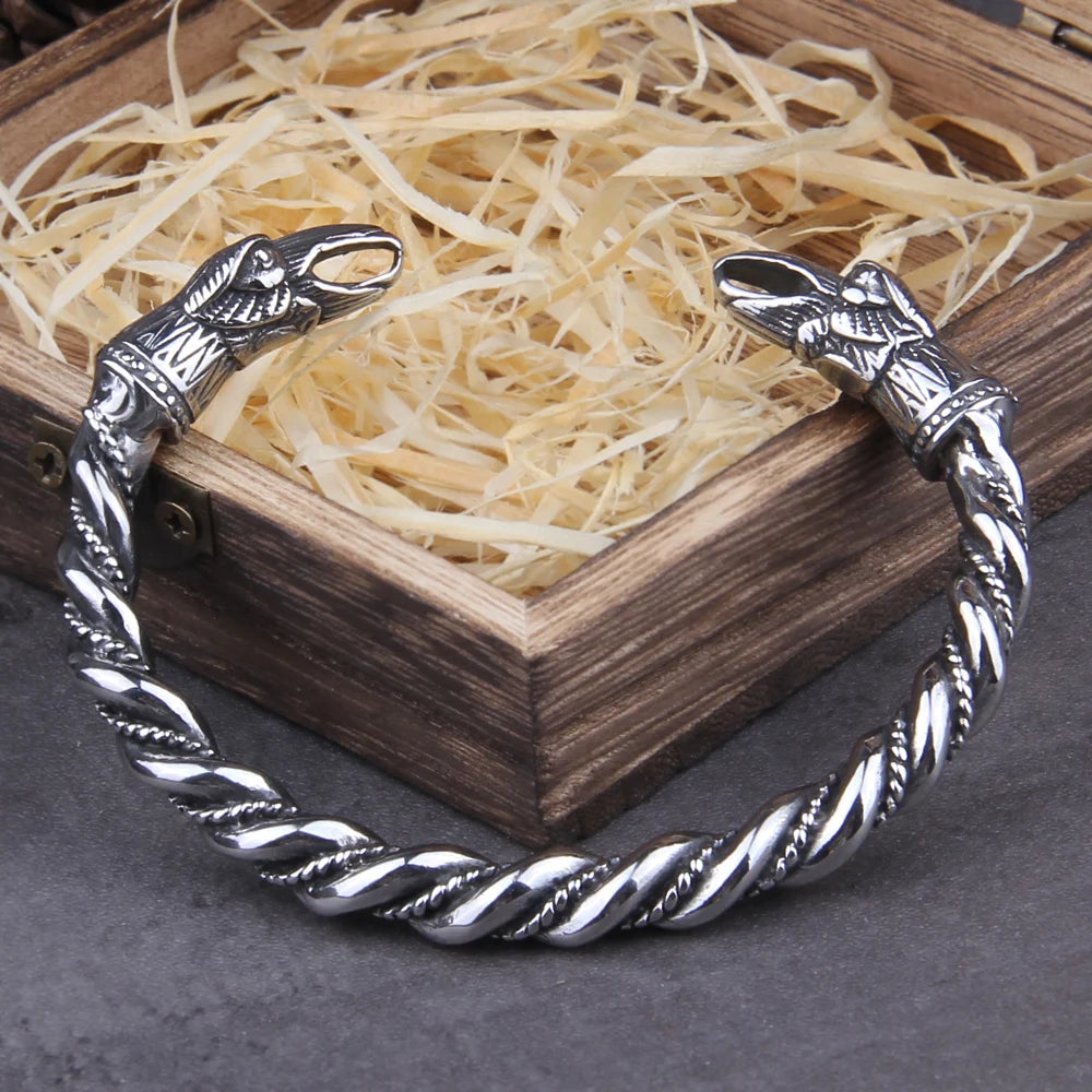 Bracelet en acier inoxydable pour homme avec corbeau nordique viking et boîte en bois viking