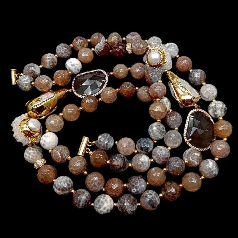 Y·YING 2 Strands 12mm Faceted Round Brown Fire Agates Crystal Pearl Quartz Druzy Choker Necklace 21"