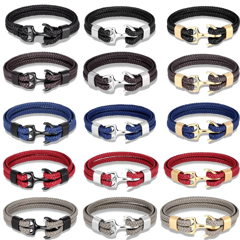 MKENDN Navy Style Men Anchor Bracelet Woven Multilayer Leather Bracelets For Women Black Stainless Steel Sport Buckle